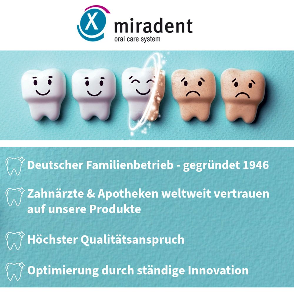 Illustrations de dents. Texte: Entreprise familiale allemande, Les dentistes et pharmacies font confiance, Exigence de qualité supérieure.