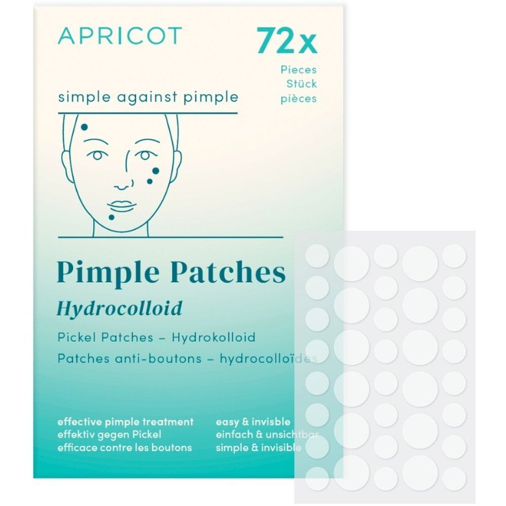 Boîte de patchs anti-boutons APRICOT. 72 pièces. Inscription : simple against pimple. Patchs hydrocolloïdes.