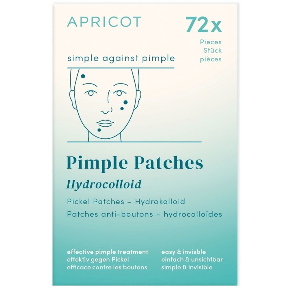 Boîte de patchs anti-boutons APRICOT. 72 pièces. Inscription : simple against pimple. Patchs hydrocolloïdes.