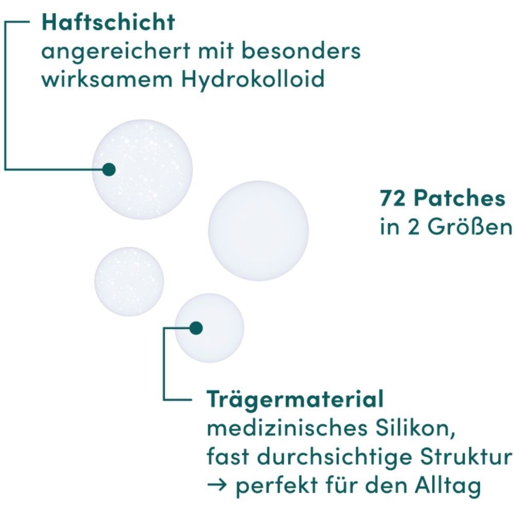 Gros plan sur les patchs anti-boutons. 72 pièces en 2 tailles. Patchs hydrocolloïdes. Silicone médical.