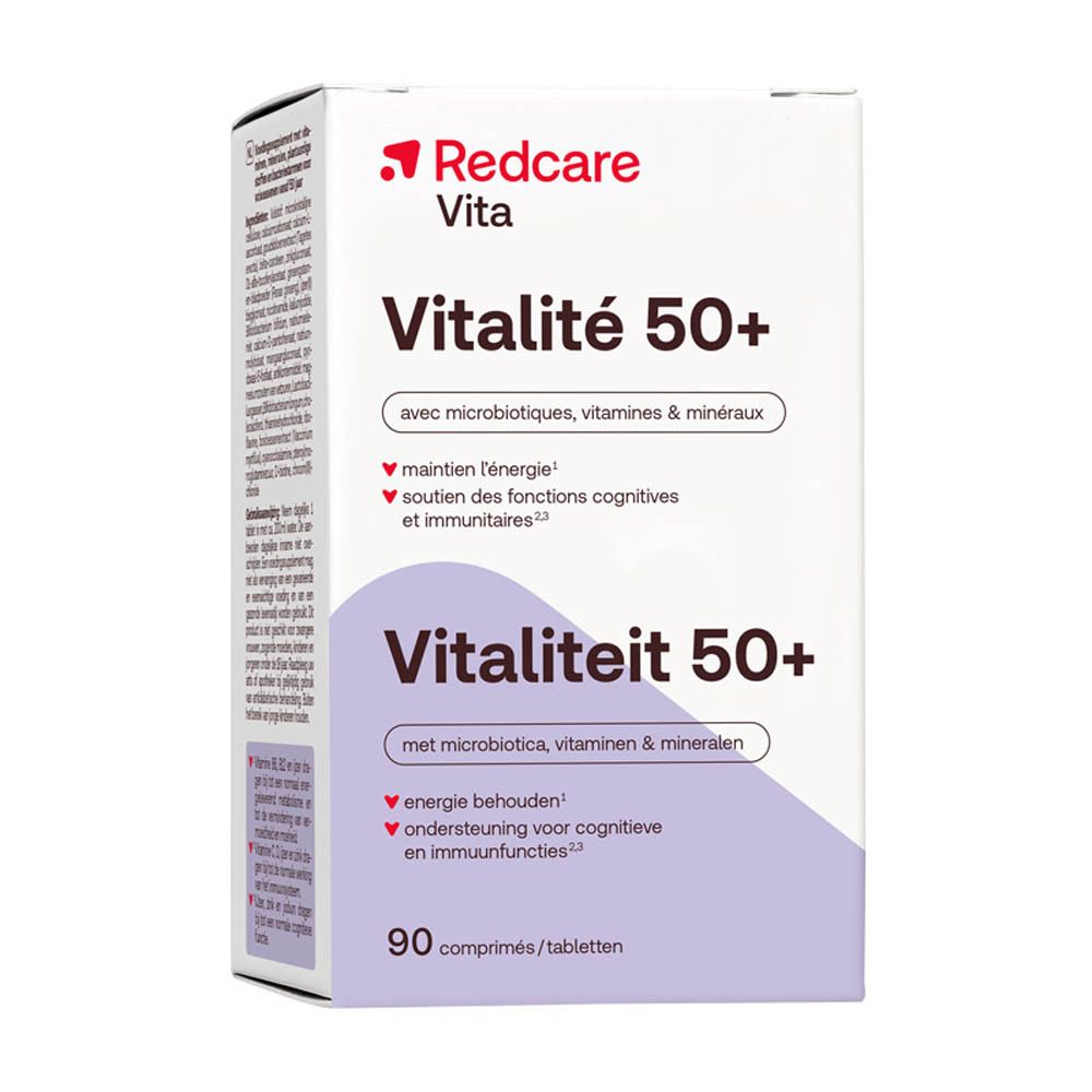 Boîte Redcare Vita Vitalité 50+. Contient 90 comprimés. Avec vitamines, minéraux et microbiotiques.