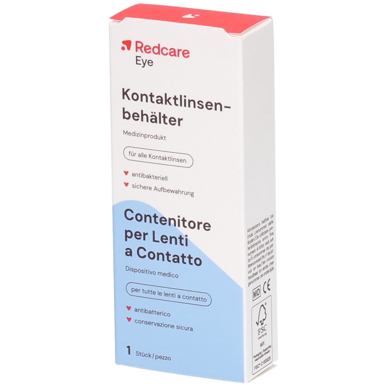 Boîte de rangement pour lentilles de contact. Blanche avec texte rouge et bleu. Informations en allemand et italien.