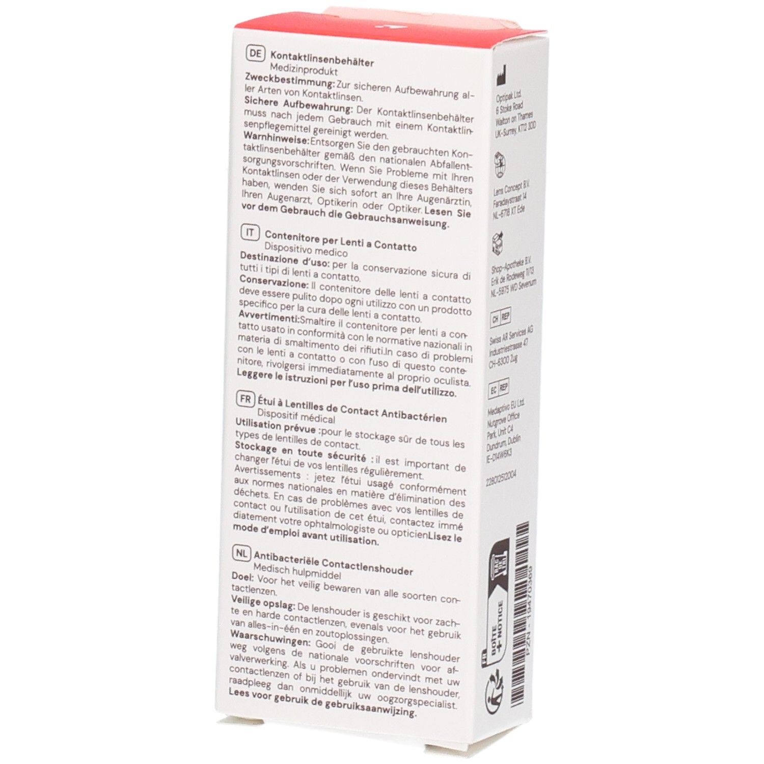 Dos de la boîte de rangement pour lentilles de contact. Contient des instructions en plusieurs langues.