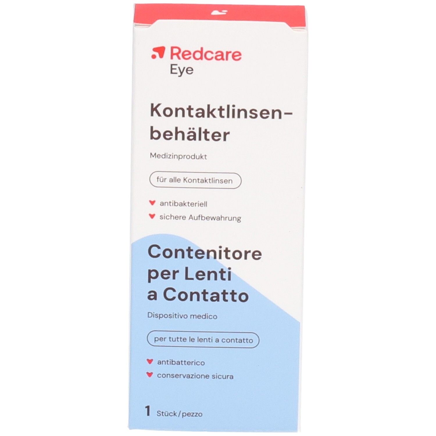 Boîte de rangement pour lentilles de contact. Blanche avec texte rouge et bleu. Informations en allemand et italien.