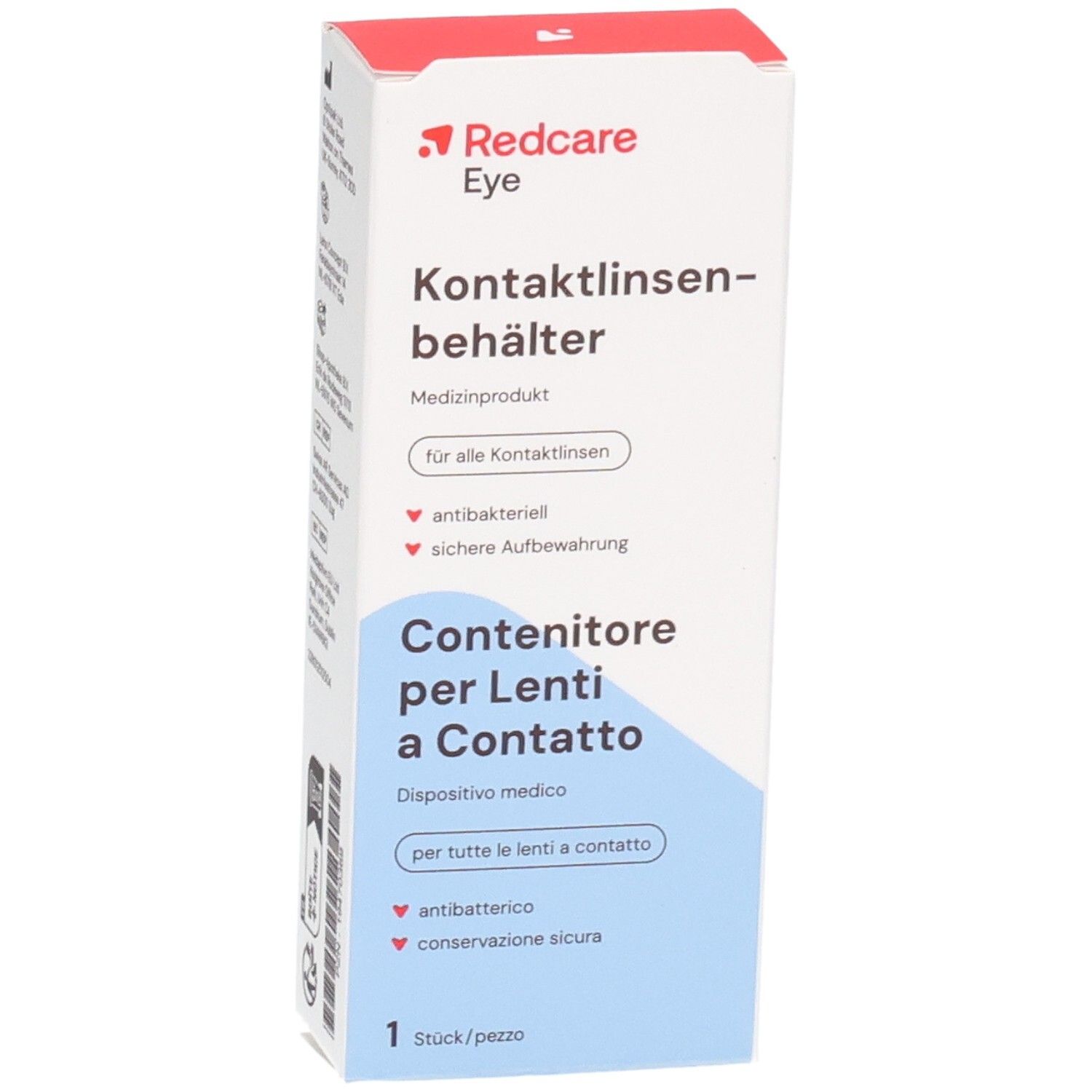 Boîte de rangement pour lentilles de contact. Blanche avec texte rouge et bleu. Informations en allemand et italien.