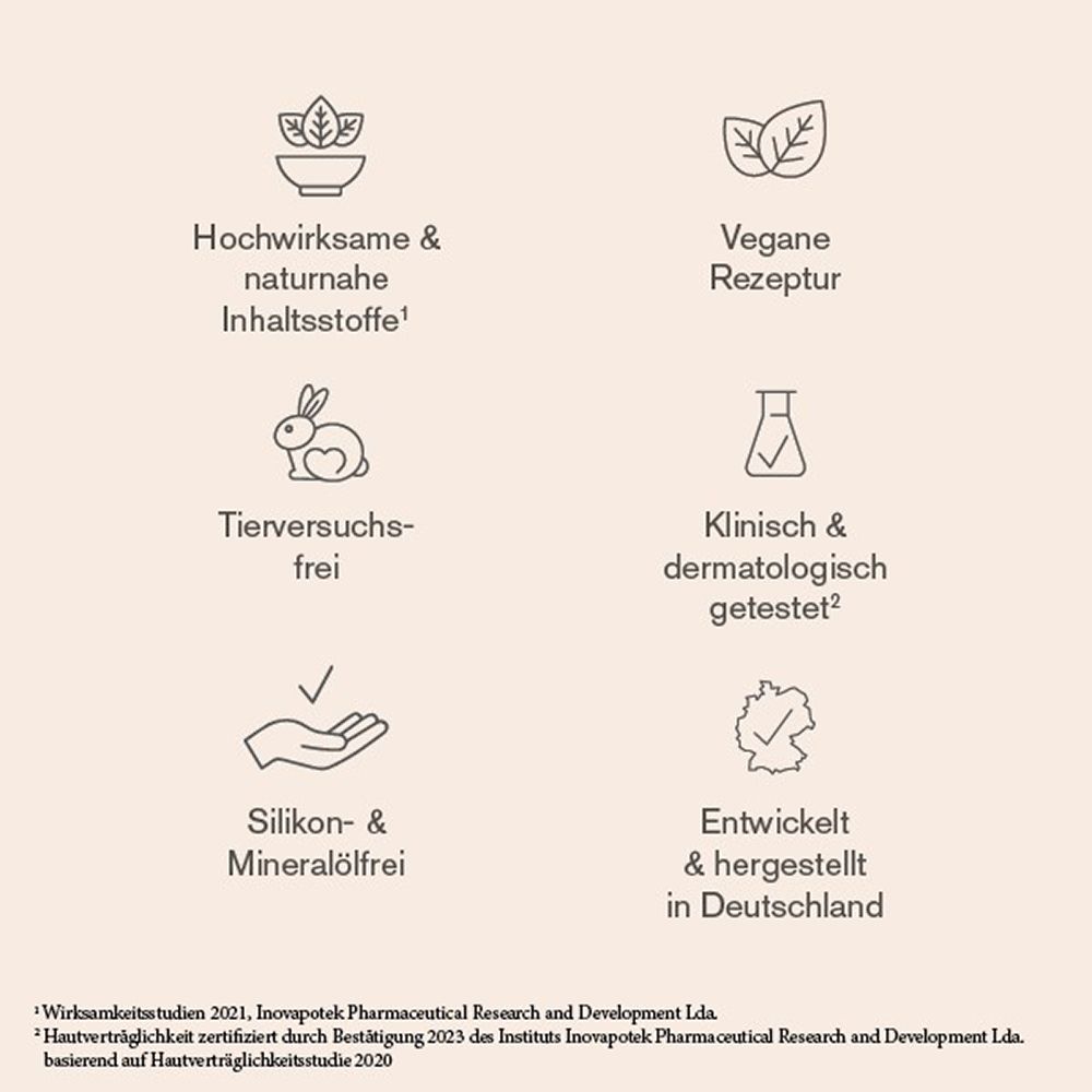 Symboles du sérum Anti-Pigment skjur® : haute efficacité, naturel, vegan, non testé sur les animaux, testé cliniquement, sans silicone.