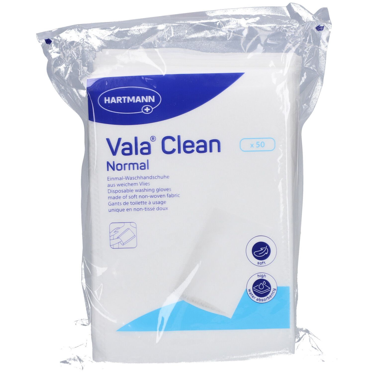 Paquet de gants de toilette jetables Vala®Clean. 50 pièces. Non-tissé doux. Absorbant.
