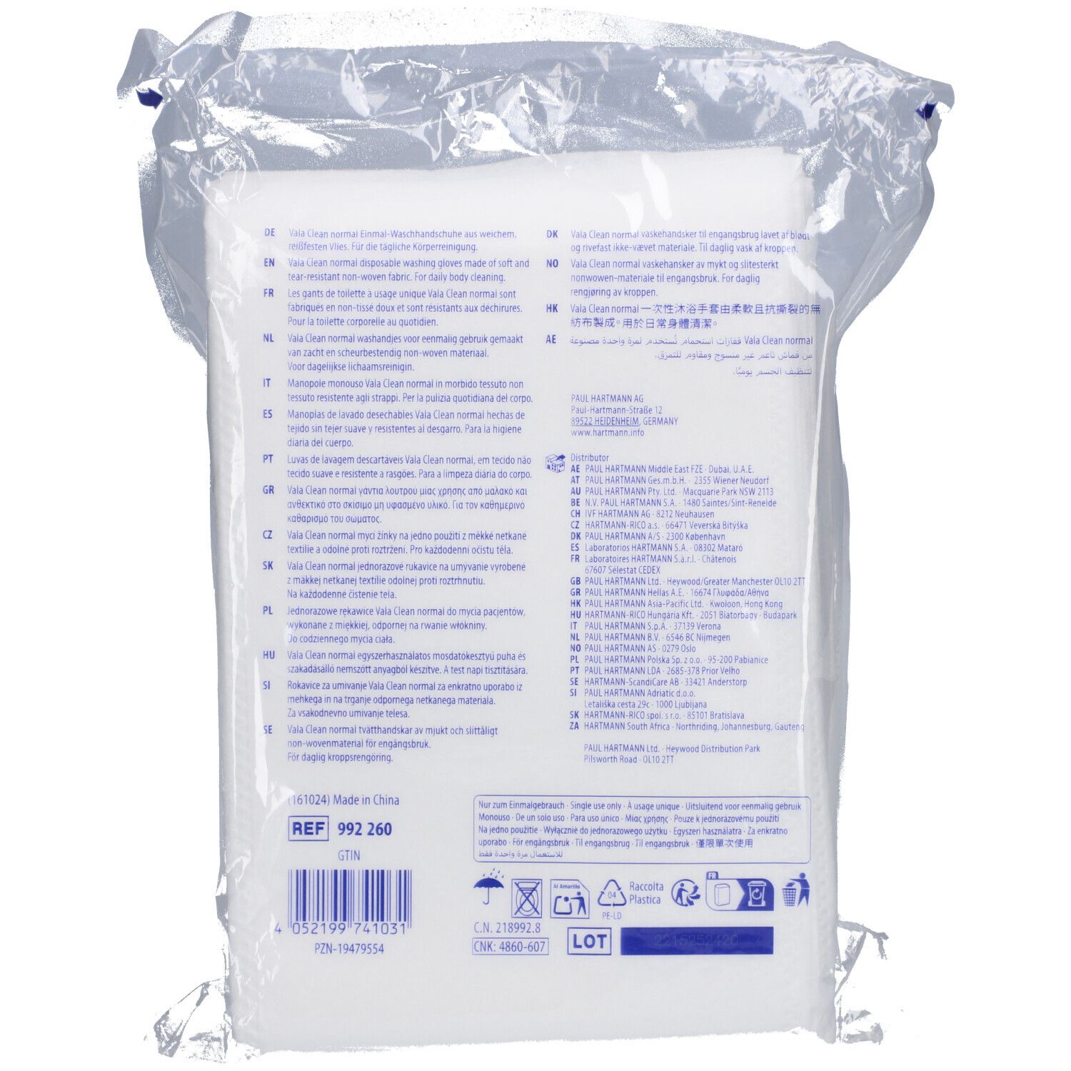 Dos du paquet avec texte. REF 992 260. Code-barres. Symboles de recyclage.