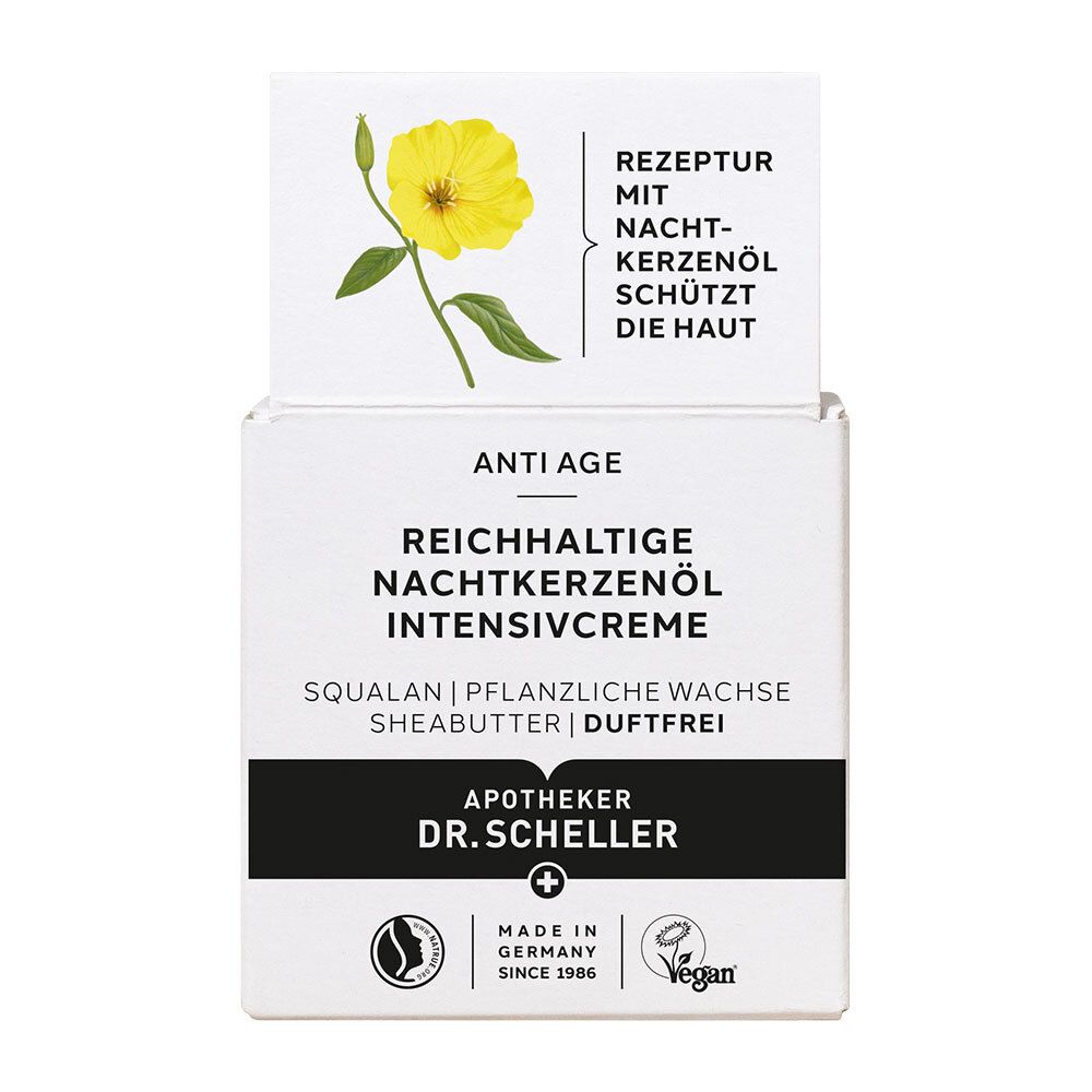 Emballage crème avec informations produit et illustration fleur jaune. Label vegan.