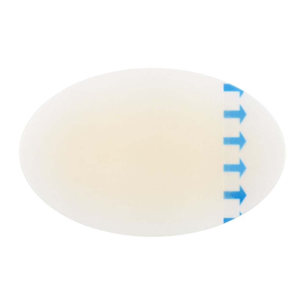 Pansement pour ampoules ovale et transparent. Flèches bleues indiquant l'application.