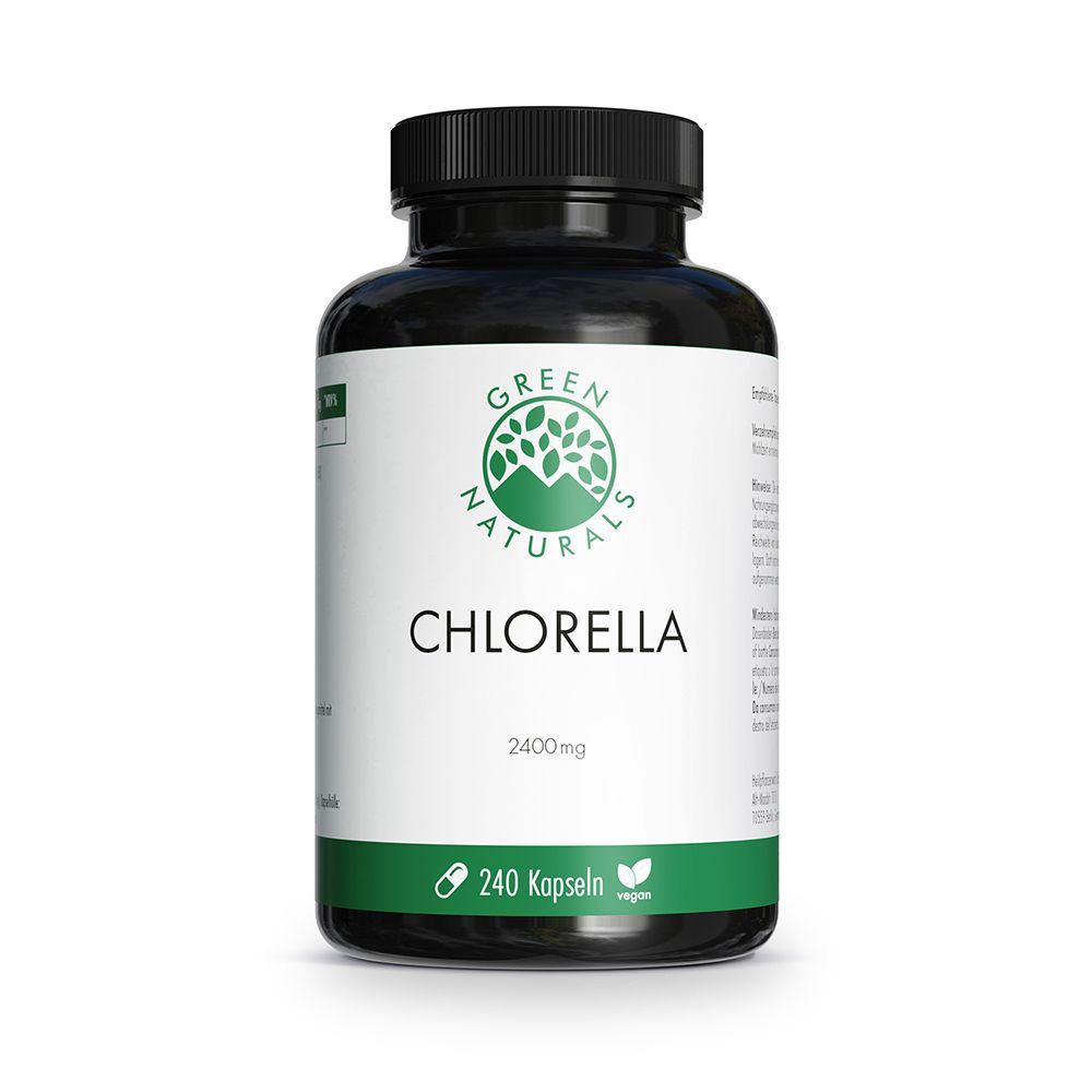 Flacon noir contenant 240 gélules de Chlorelle vegan, 2400mg. Marque : Green Naturals.