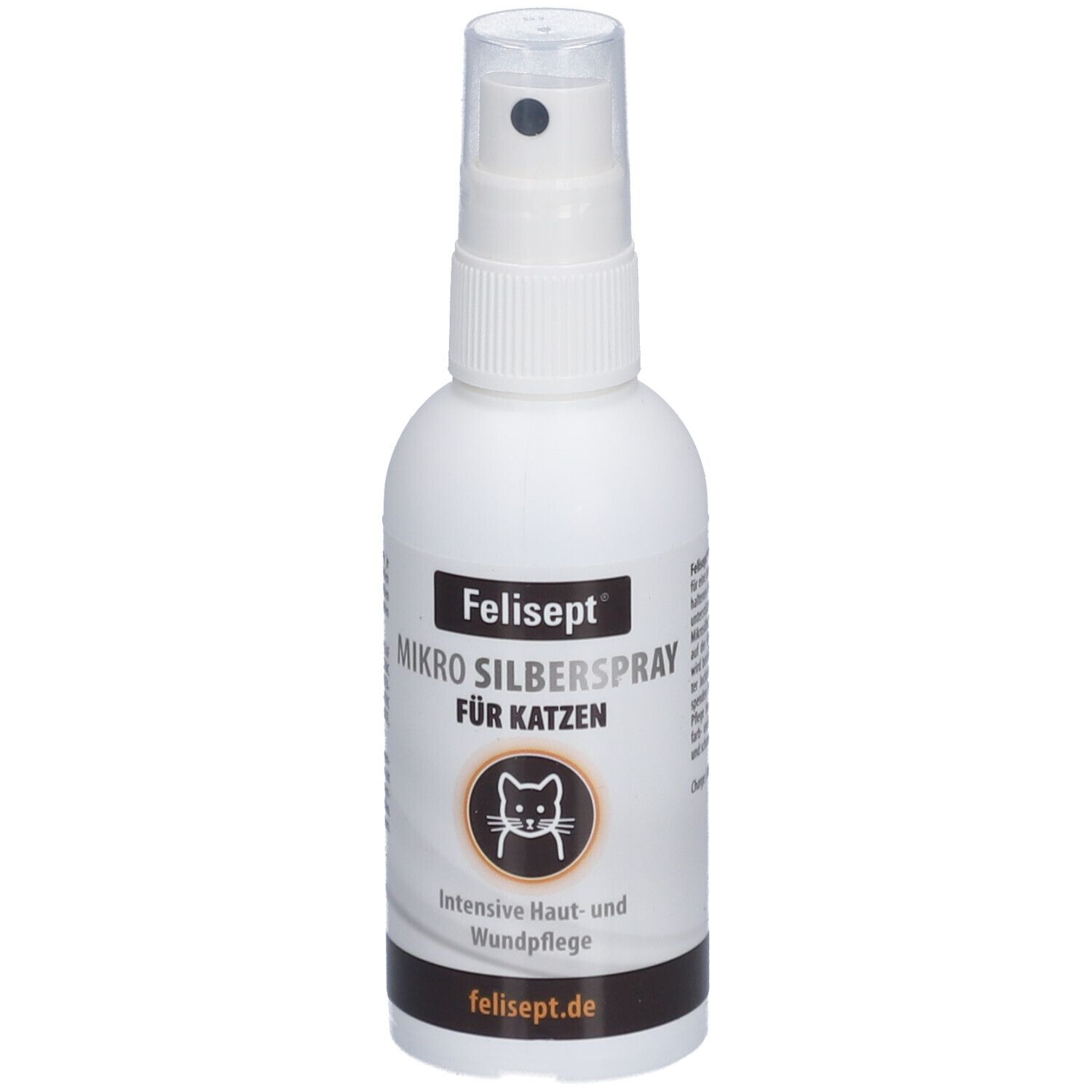 Flacon pulvérisateur blanc Felisept Mikro Silberspray pour chats. Impression noire, symbole de chat. Tête de pulvérisation.