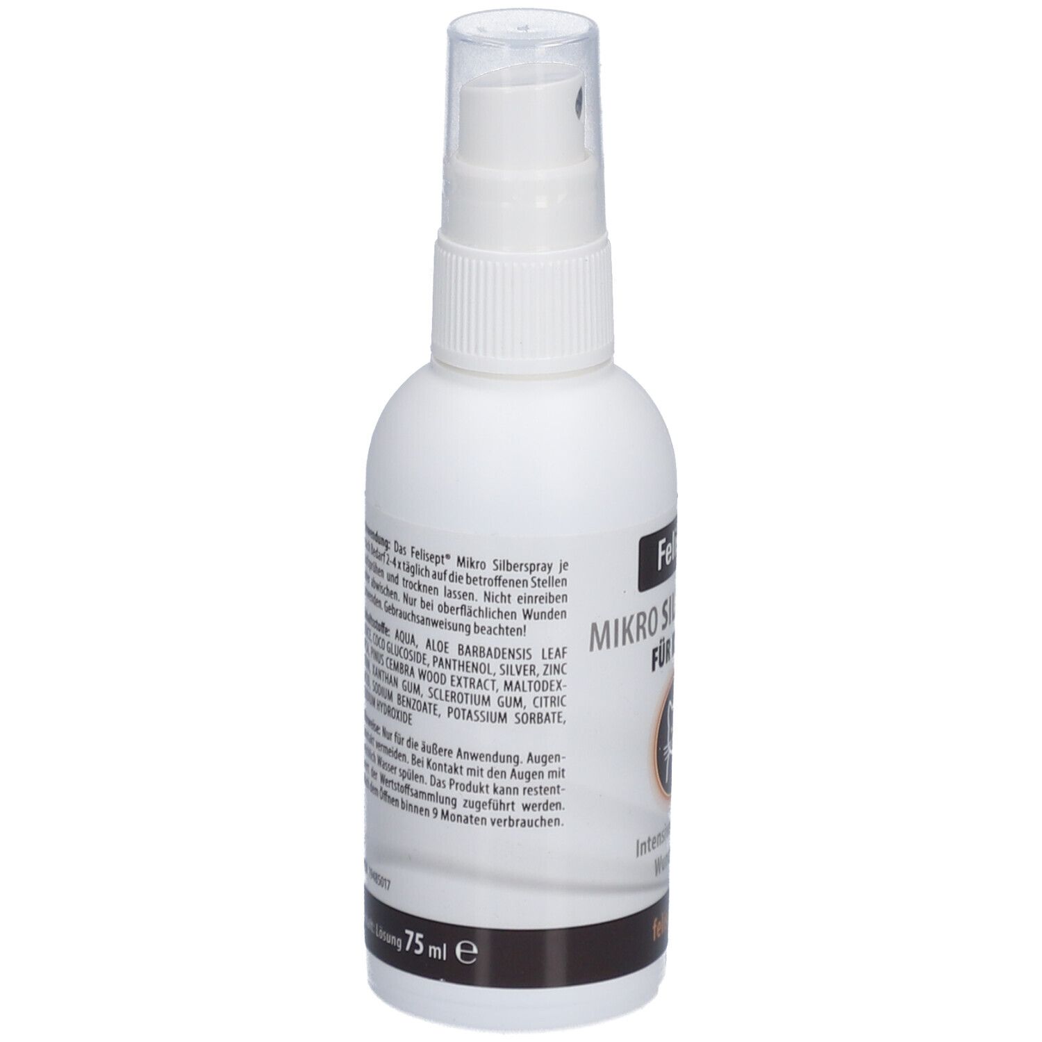 Flacon pulvérisateur blanc, Felisept Mikro Silberspray pour chats. Texte sur le côté, ingrédients et instructions d'utilisation.