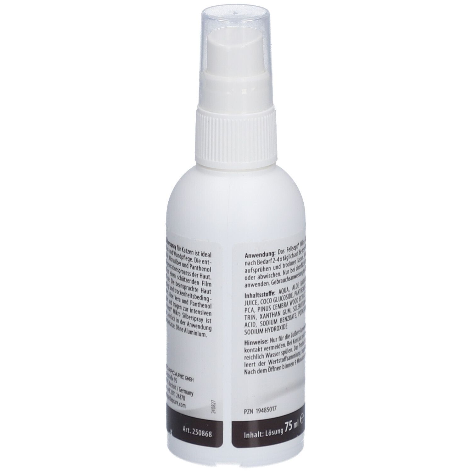 Flacon pulvérisateur blanc, Felisept Mikro Silberspray pour chats. Texte sur le côté, ingrédients et instructions d'utilisation.