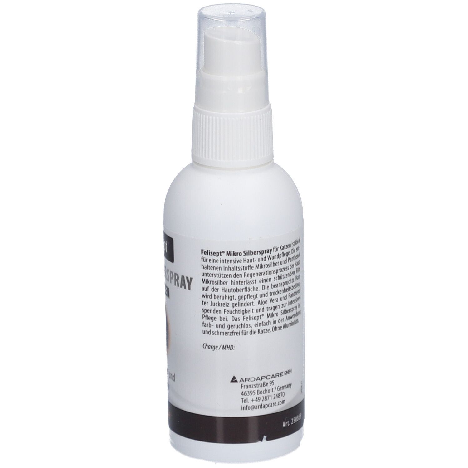 Flacon pulvérisateur blanc, Felisept Mikro Silberspray pour chats. Texte sur le côté, informations du fabricant et numéro de lot.
