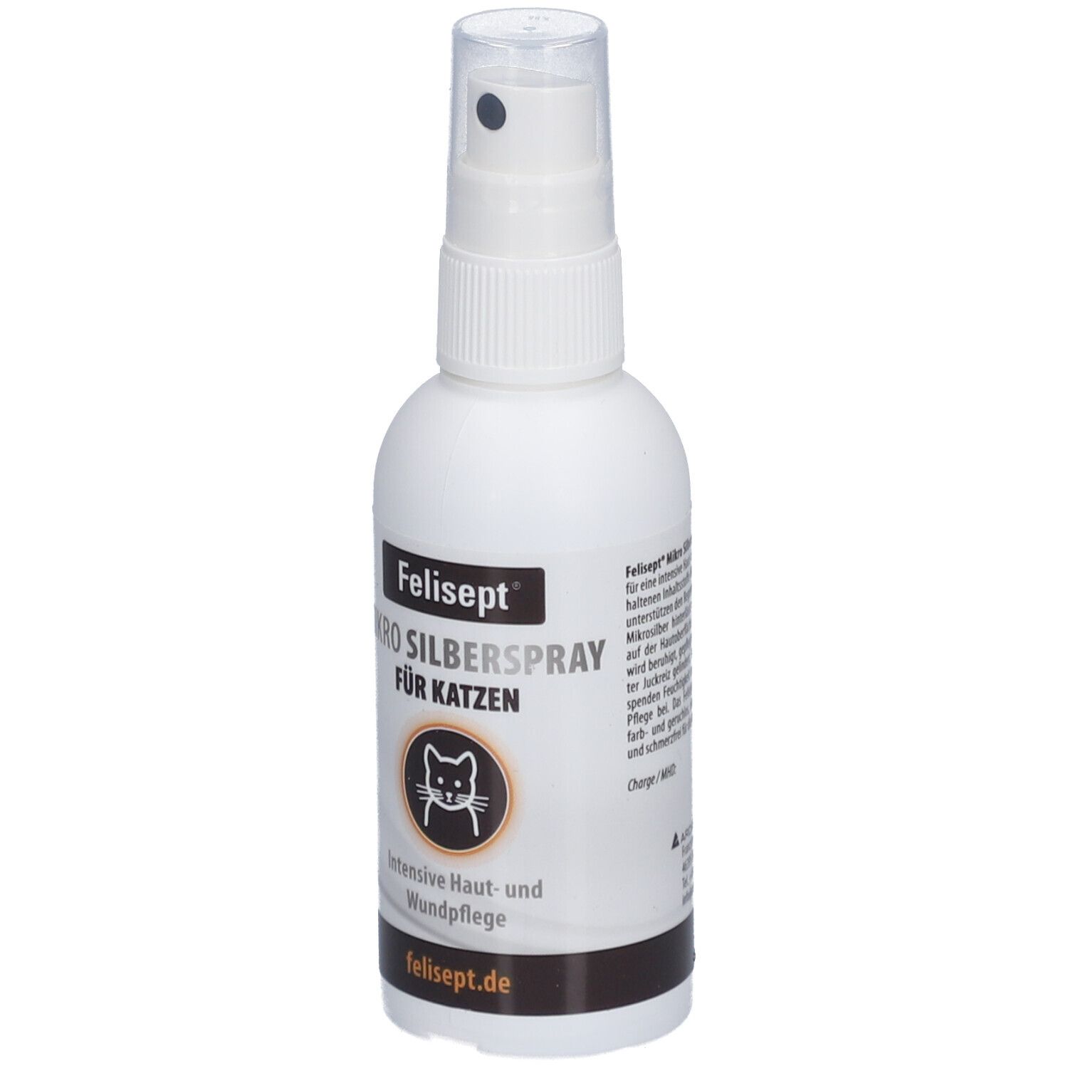 Flacon pulvérisateur blanc, Felisept Mikro Silberspray pour chats. Vue de face, nom du produit et symbole du chat.