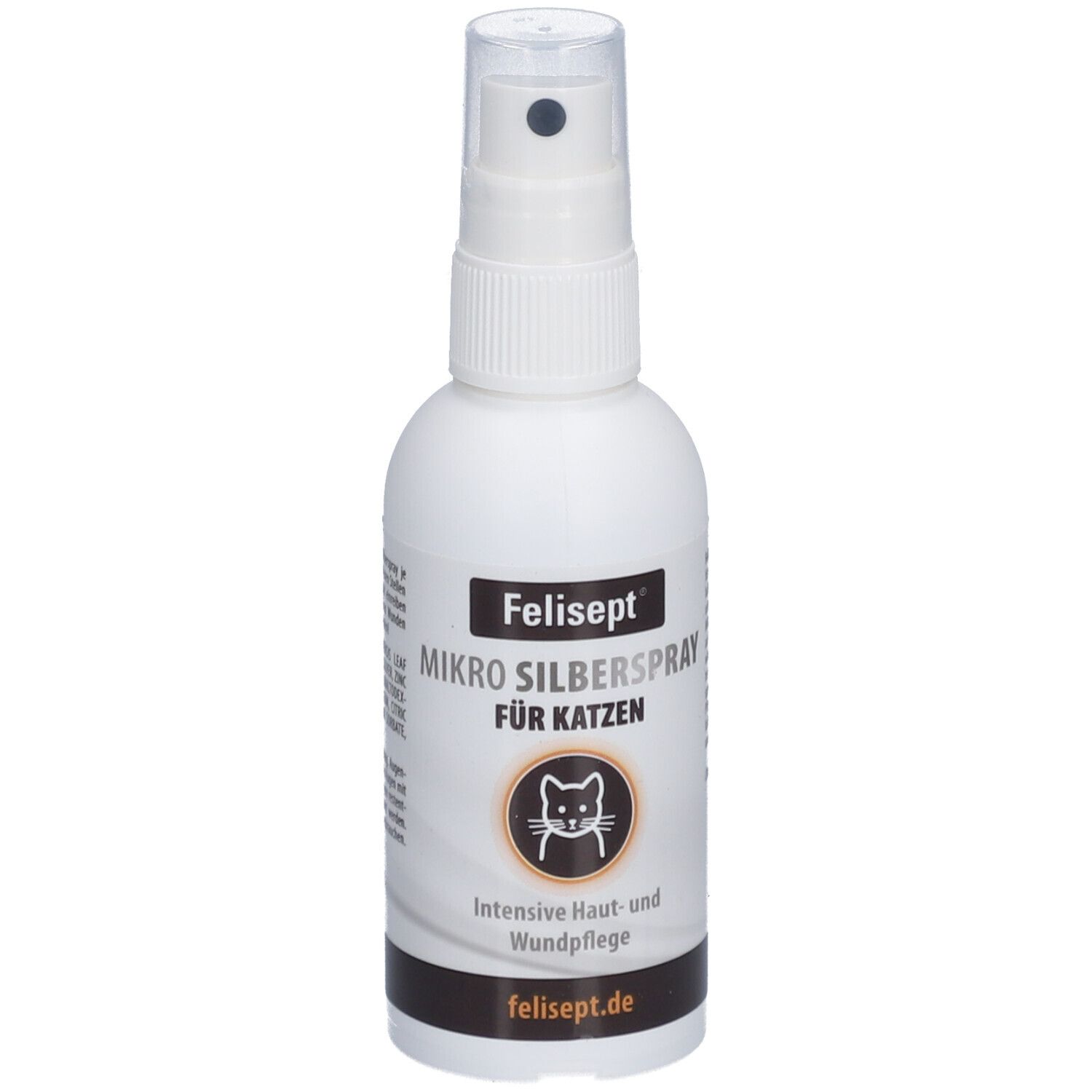 Flacon pulvérisateur blanc, Felisept Mikro Silberspray pour chats. Vue de face, nom du produit et symbole du chat.
