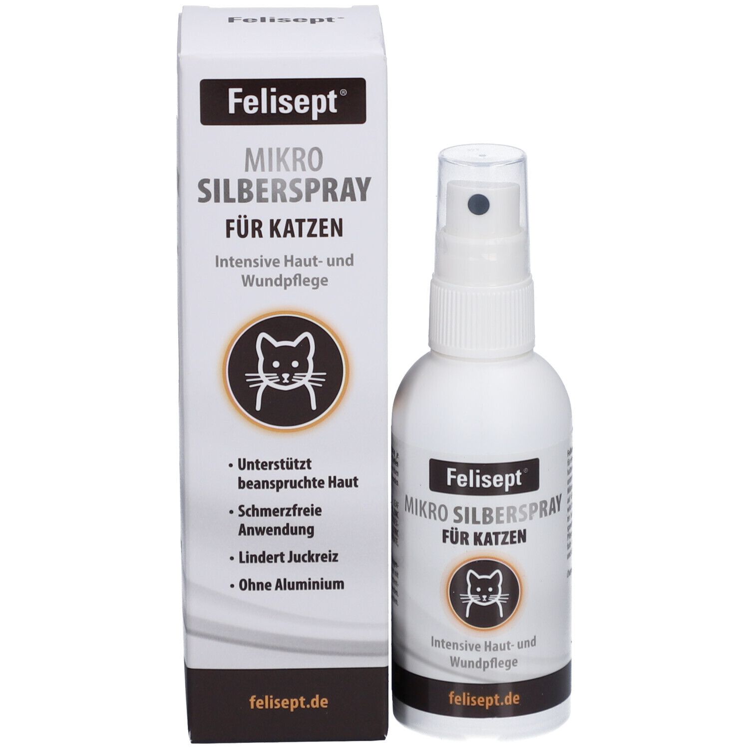 Felisept Mikro Silberspray pour chats et emballage. Nom du produit, symbole du chat, texte. Flacon et boîte blancs.