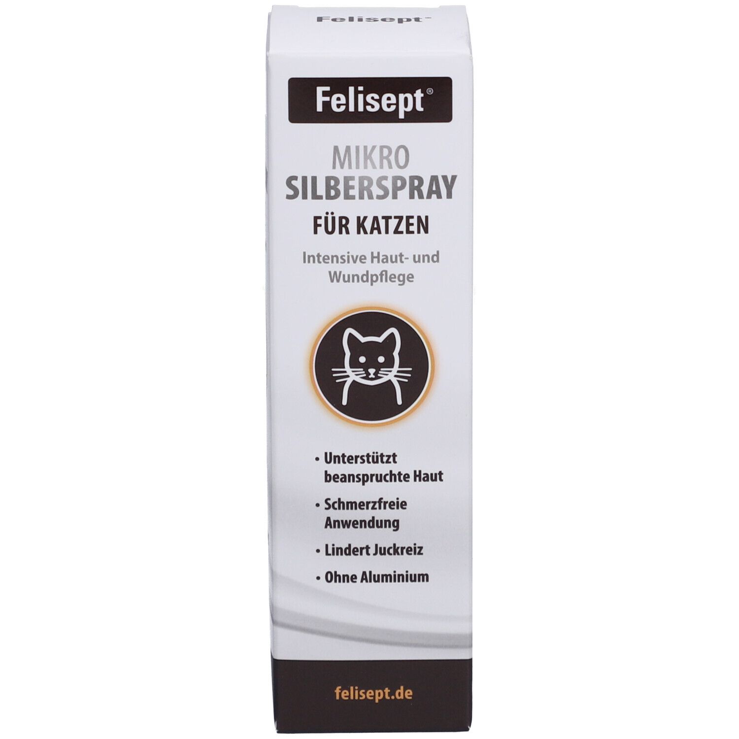 Emballage de Felisept Mikro Silberspray pour chats. Nom du produit, symbole du chat, texte. Boîte blanche.