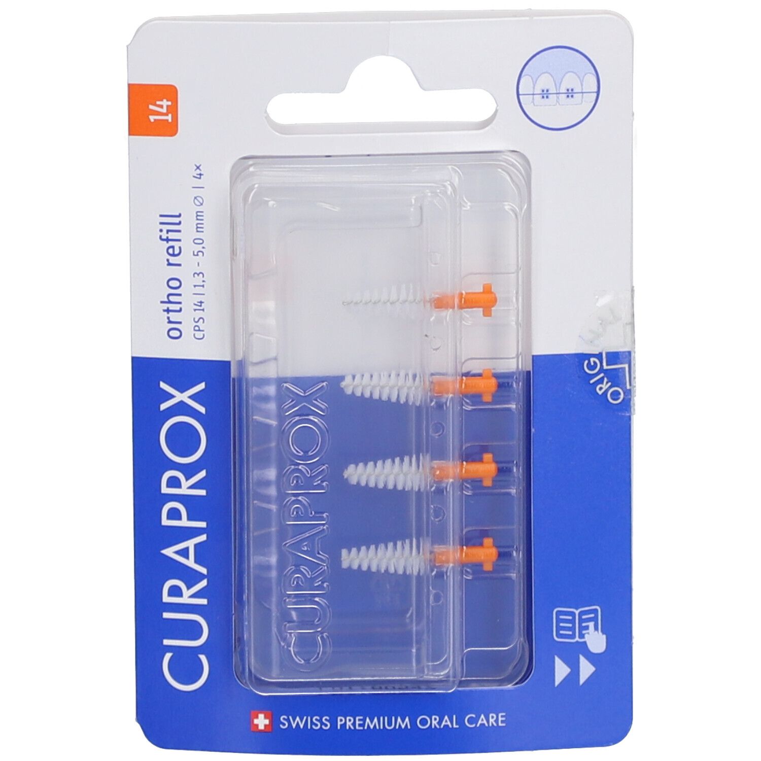 Recharge CURAPROX® Interdentalbürsten ortho, taille 14, en blister. 4 brosses avec supports orange, poils blancs. Nom du produit visible.