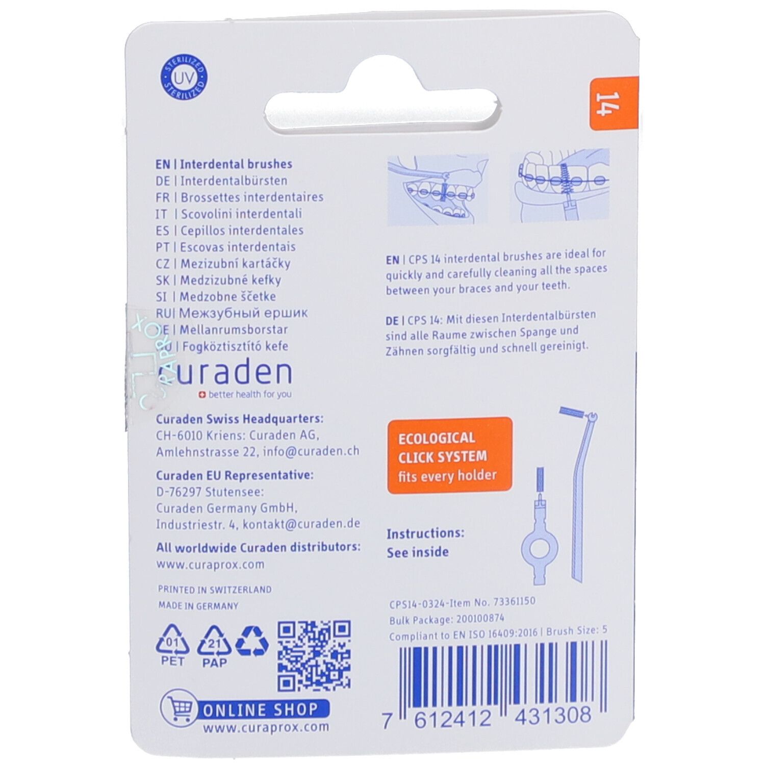 Dos de l'emballage de CURAPROX® Interdentalbürsten Refill ortho, taille 14. Texte multilingue. Système de clic écologique. Instructions.