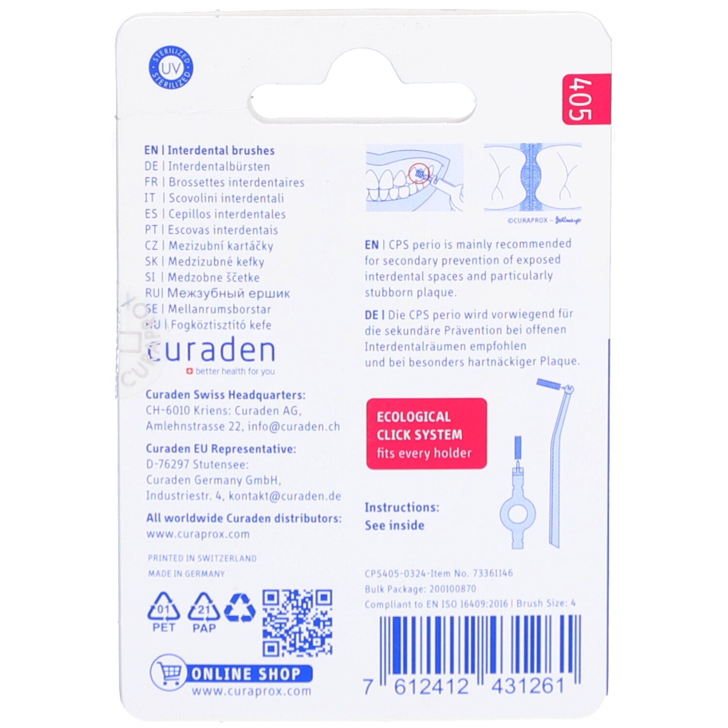Dos de l'emballage avec informations produit. Texte multilingue. Illustrations. Logo "Curaprox". Code QR.