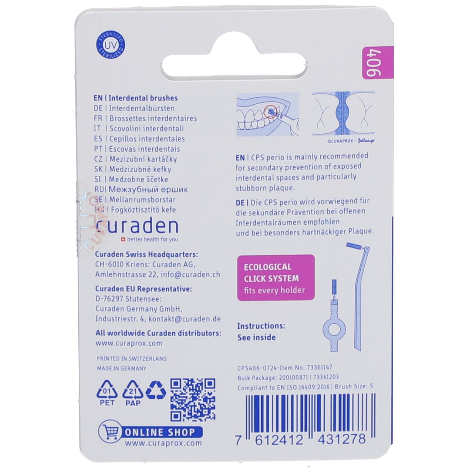 Dos de l'emballage avec informations produit. Contient du texte multilingue, des illustrations et un code QR. Marque CURAPROX.