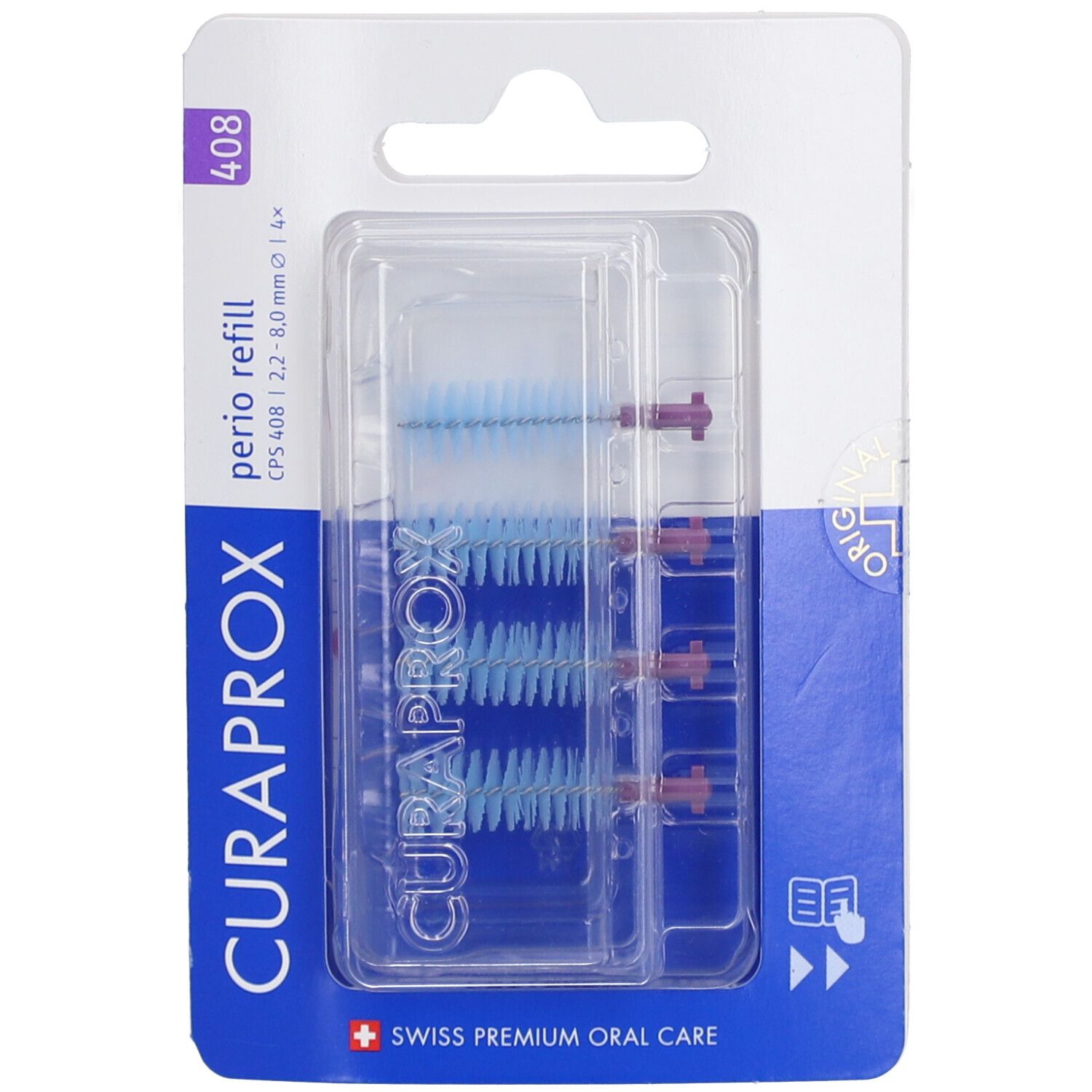 Emballage blister Curaprox CPS 408 Perio Refill. Têtes de brosse bleues avec supports rouges. Nom du produit et marque visibles.