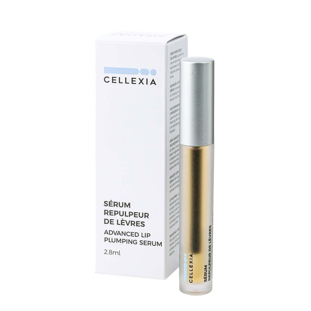 Flacon de sérum et emballage. Inscription : Cellexia, Sérum Repulpeur de Lèvres, Advanced Lip Plumping Serum, 2.8ml.