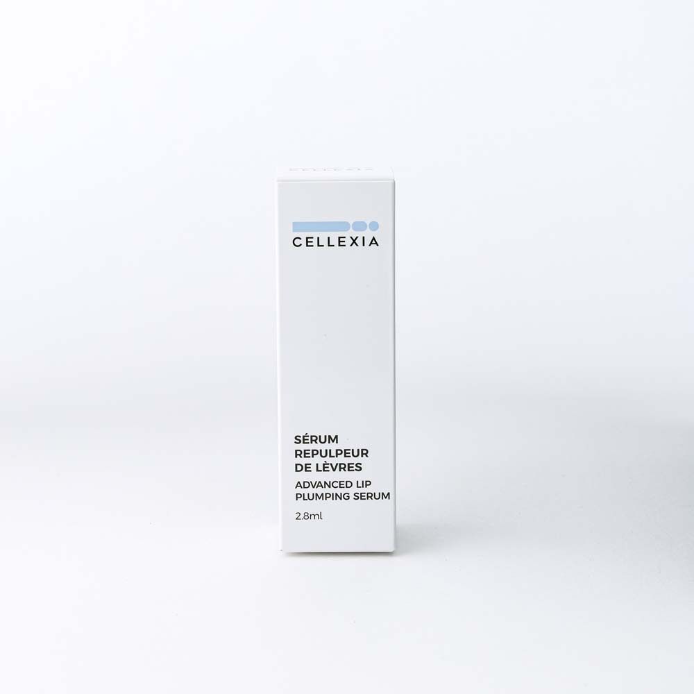 Emballage blanc avec logo Cellexia et nom du produit : Sérum Repulpeur de Lèvres, Advanced Lip Plumping Serum, 2.8ml.