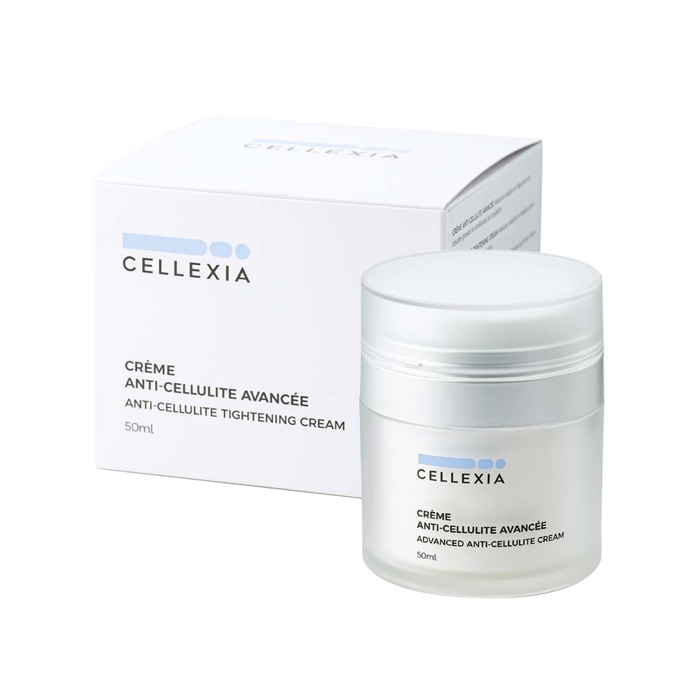 Pot et boîte de crème. Inscription: Cellexia, Crème Anti-Cellulite Avancée, Anti-Cellulite Tightening Cream, 50ml.