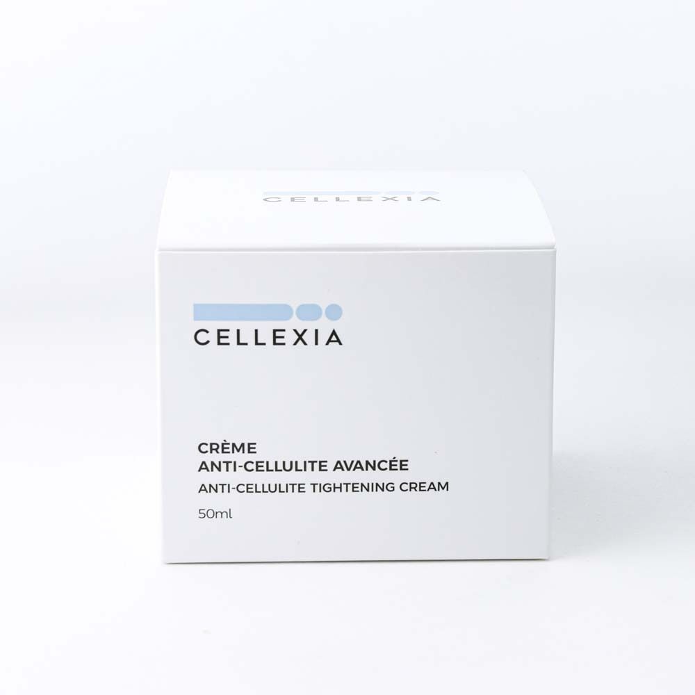 Boîte blanche. Inscription: Cellexia, Crème Anti-Cellulite Avancée, Anti-Cellulite Tightening Cream, 50ml.