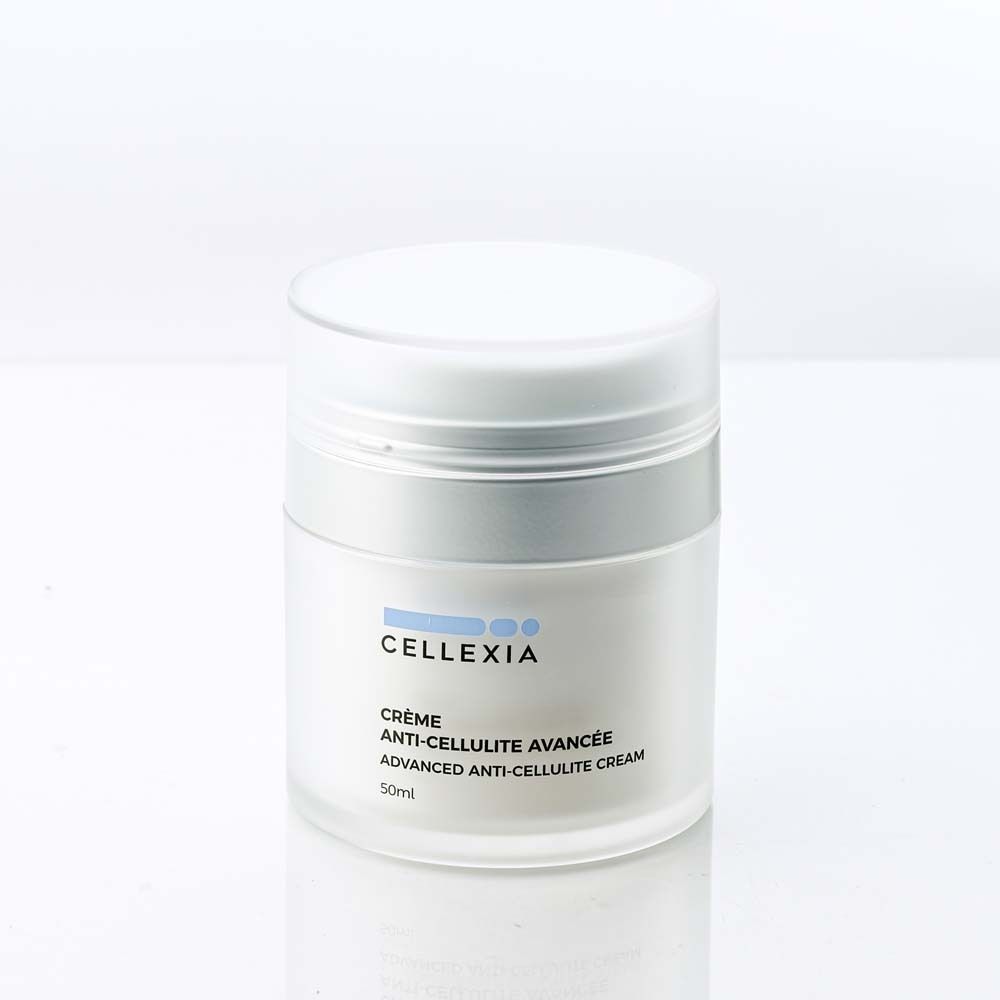 Pot de crème avec couvercle. Inscription: Cellexia, Crème Anti-Cellulite Avancée, Advanced Anti-Cellulite Cream, 50ml.