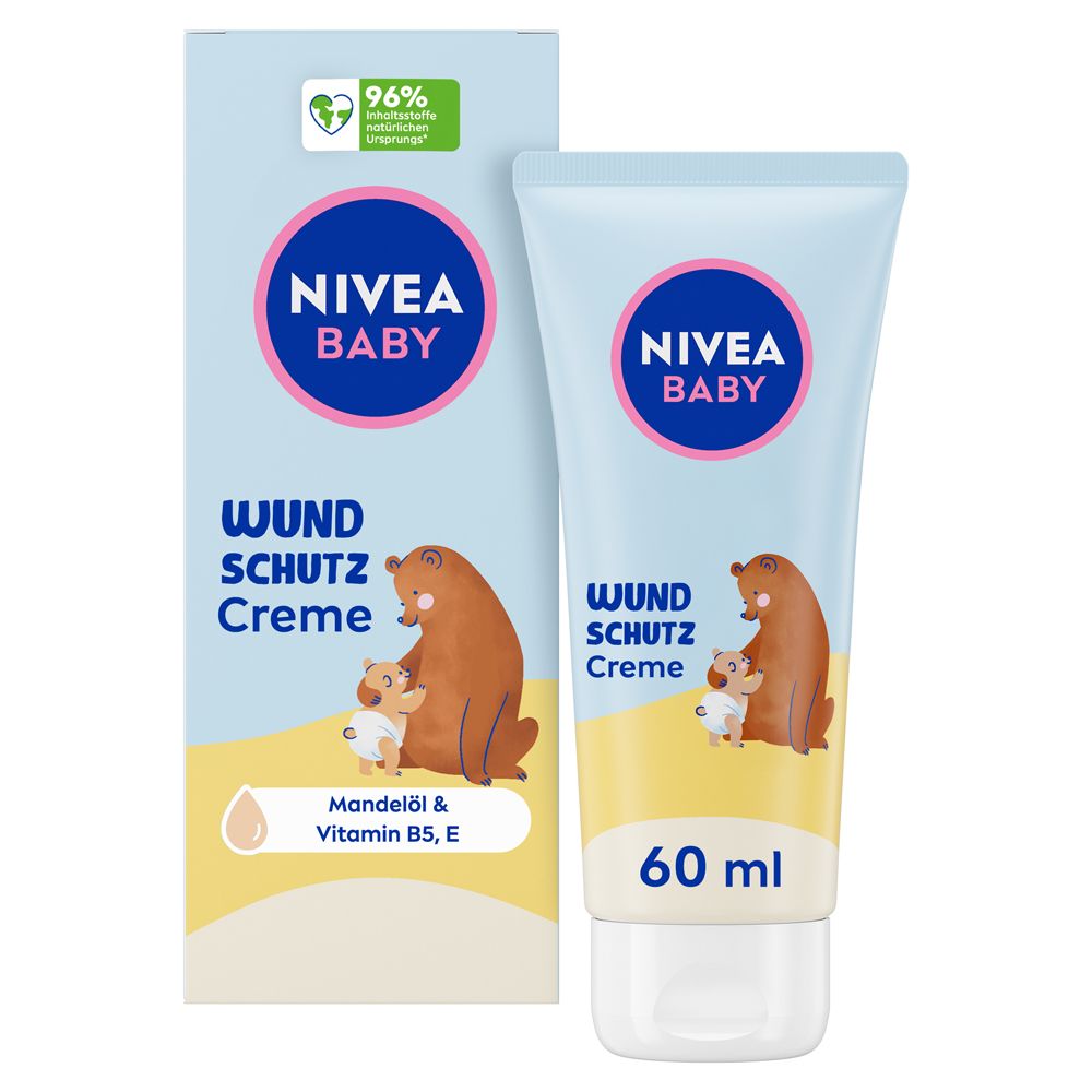Tube et boîte NIVEA BABY Crème Change Protectrice avec motif ours. Contient huile d'amande & vitamines B5, E. 60 ml.
