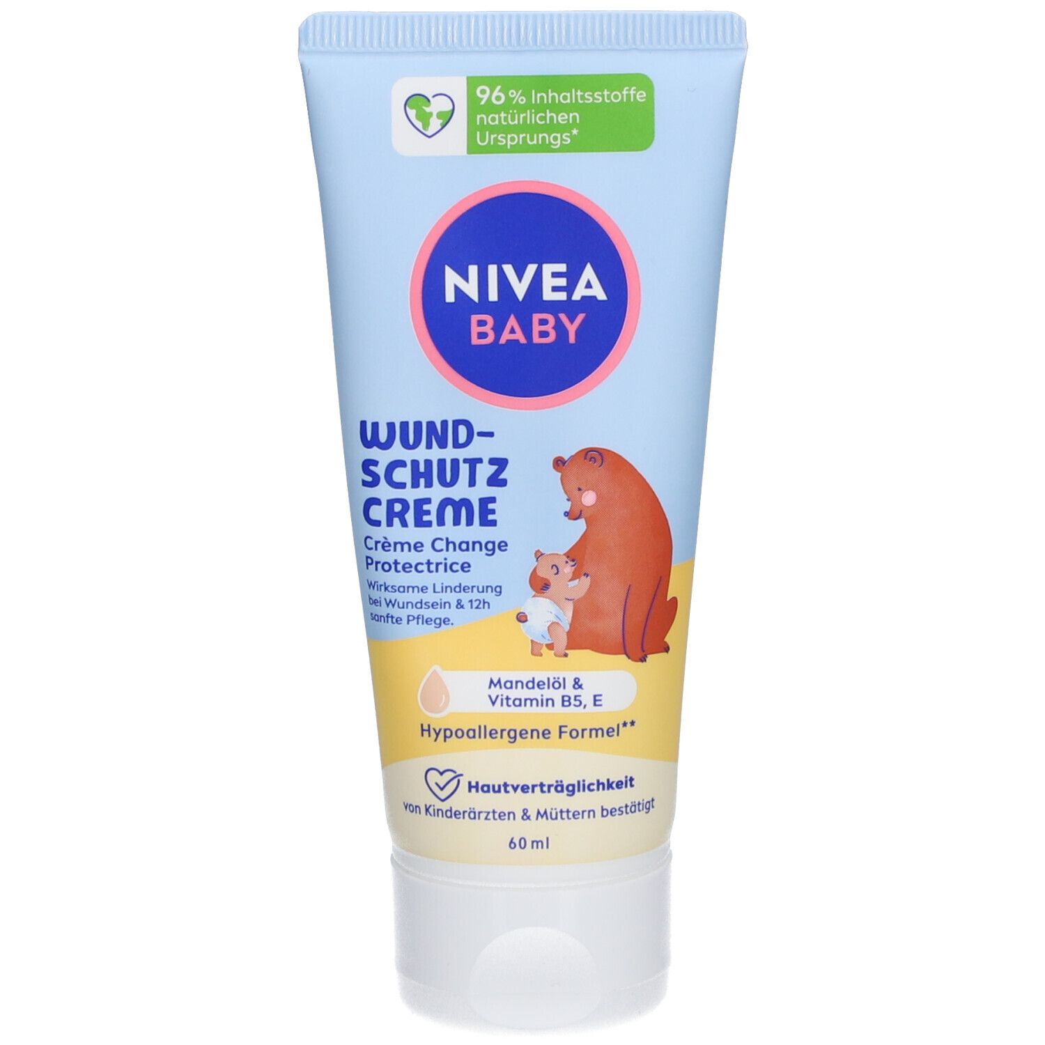 Tube de crème protectrice pour bébé. Bleu clair, logo et illustration. Contient huile d'amande & Vitamine B5, E. 60 ml.