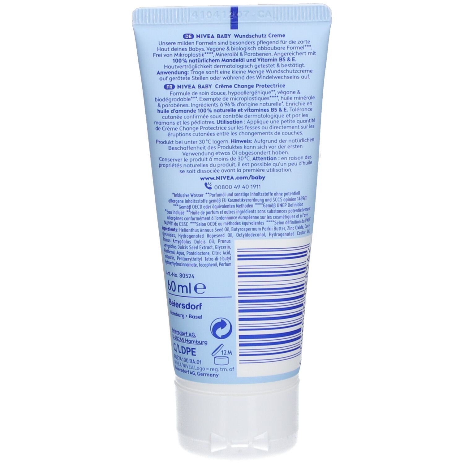 Dos du tube de crème protectrice pour bébé. Texte en allemand et français. 60 ml. Informations fabricant.
