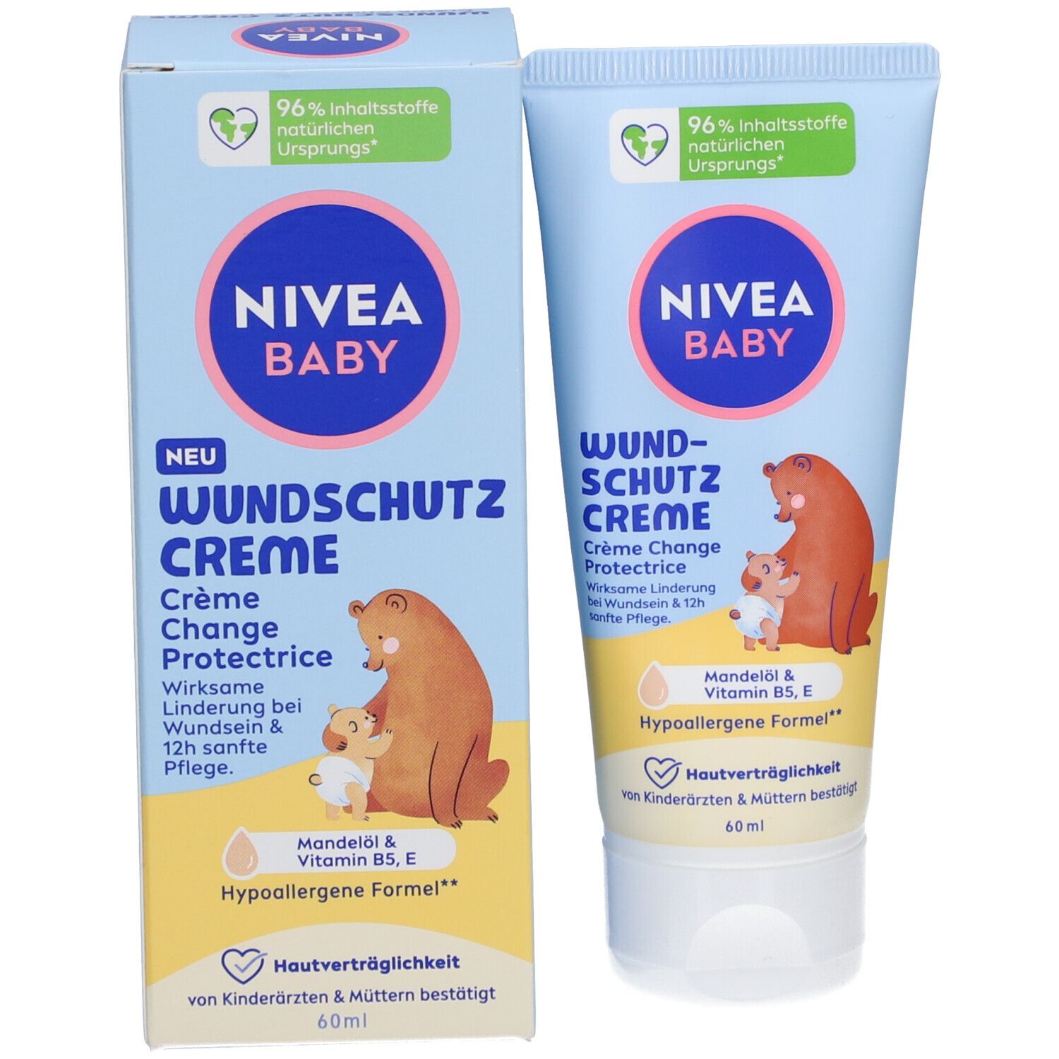 Tube et emballage de crème protectrice pour bébé. Bleu clair, logo et illustration. 60 ml. Contient huile d'amande & Vitamine B5, E.