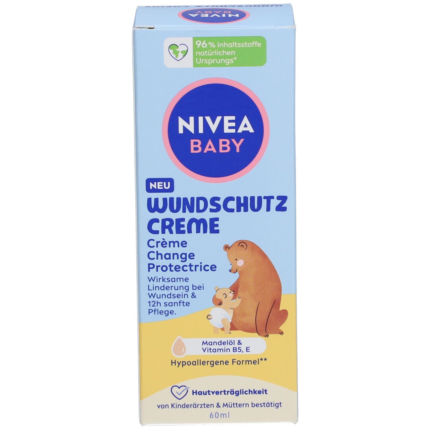 Emballage de crème protectrice pour bébé. Bleu clair, logo et illustration. 60 ml. Contient huile d'amande & Vitamine B5, E.