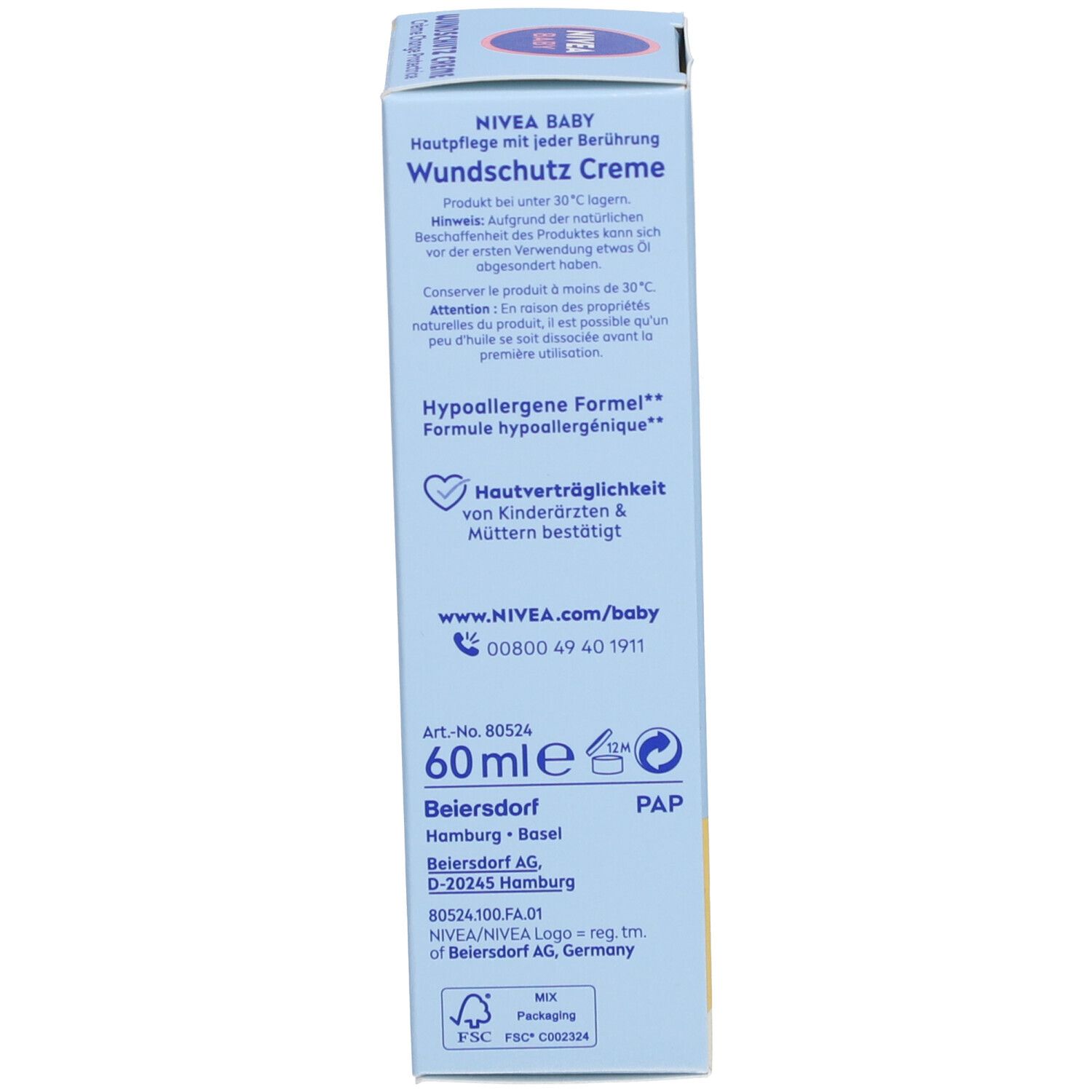 Côté de l'emballage de crème protectrice pour bébé. Texte en allemand. 60 ml. Informations fabricant.