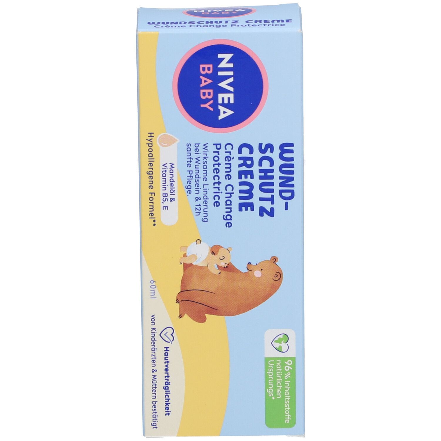 Emballage de crème protectrice pour bébé. Bleu clair, logo et illustration. 60 ml. Contient huile d'amande & Vitamine B5, E.