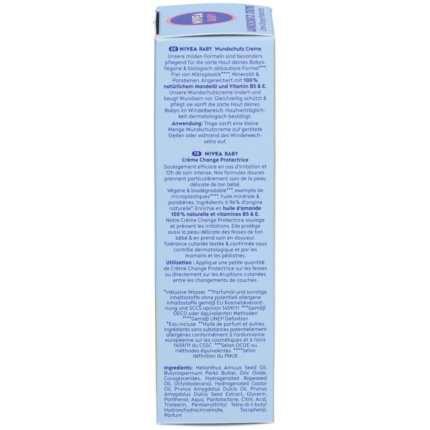 Côté de l'emballage de crème protectrice pour bébé. Texte en allemand et français. Ingrédients. Informations fabricant.