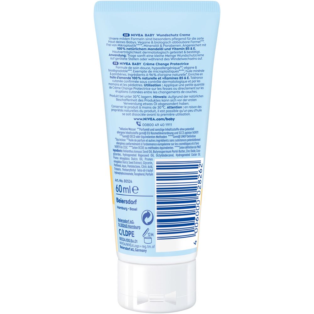 Arrière du tube NIVEA BABY Crème Change Protectrice. Contient informations et instructions d'utilisation. 60 ml.