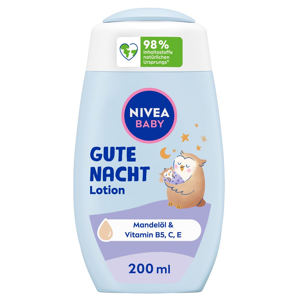 Bouteille de Nivea Baby Gute Nacht Lotion de 200ml. Contient de l'huile d'amande & vitamines B5, C, E. 98% d'ingrédients naturels.