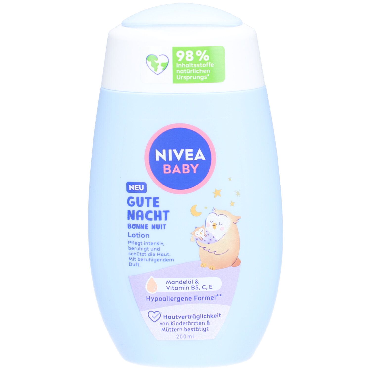 Flacon bleu clair NIVEA BABY Gute Nacht Lotion. Inscription et illustration d'un hibou. 98% ingrédients d'origine naturelle.
