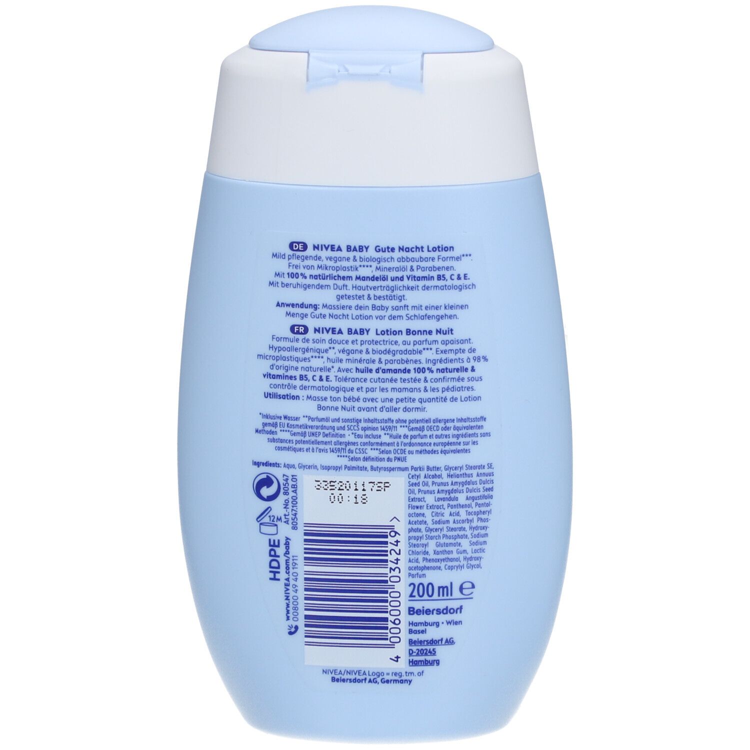 Dos du flacon bleu clair NIVEA BABY Gute Nacht Lotion. Informations textuelles en plusieurs langues, dont l'allemand et le français.