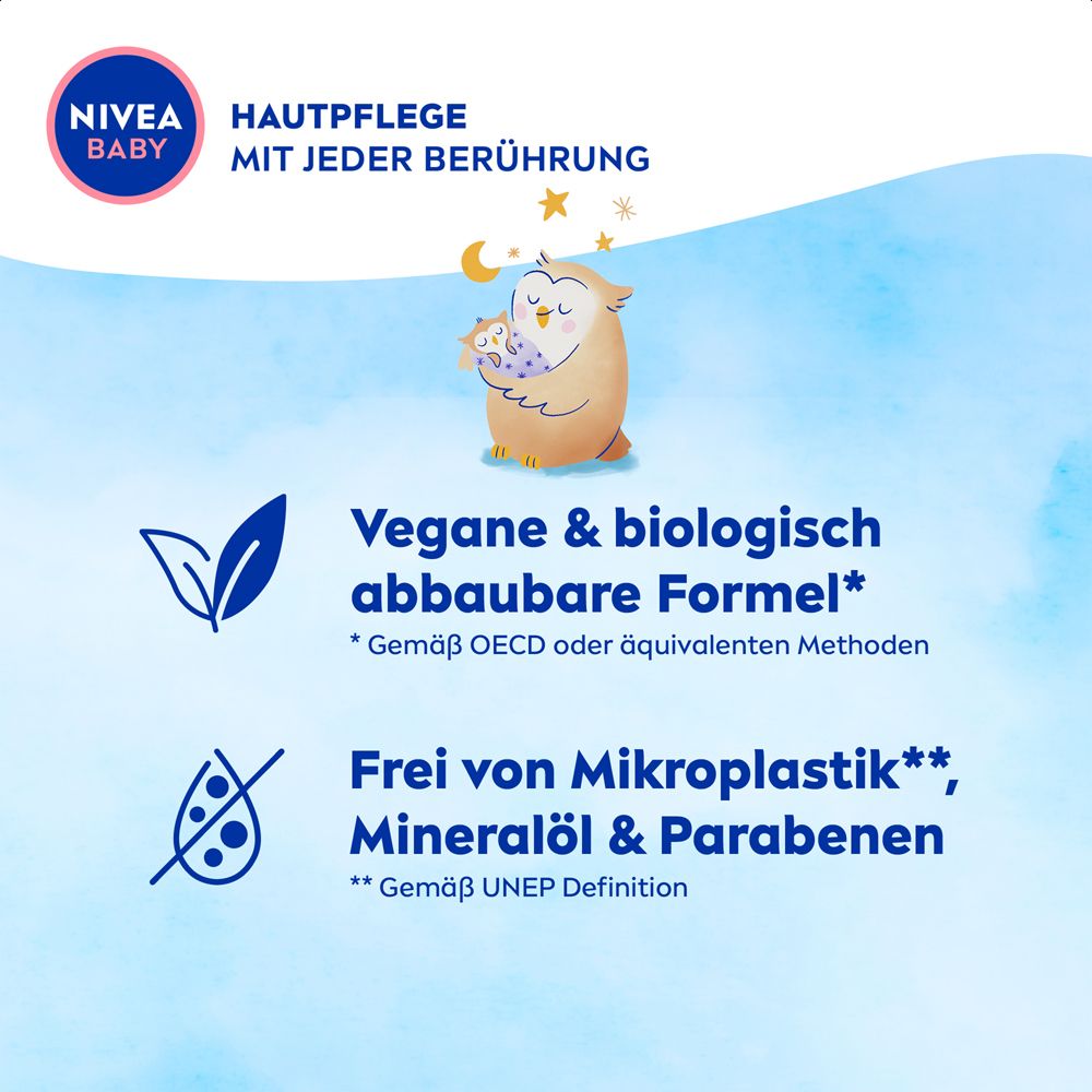 Nivea Baby Gute Nacht Lotion : Formule végane & biodégradable. Sans microplastique, huile minérale & parabènes.