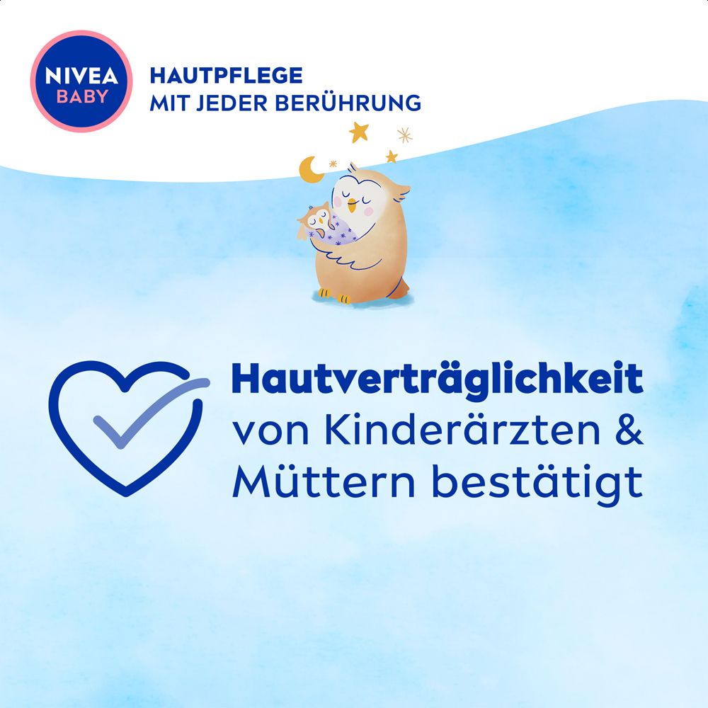Nivea Baby Gute Nacht Lotion : Tolérance cutanée confirmée par des pédiatres et mères. Formule hypoallergénique.