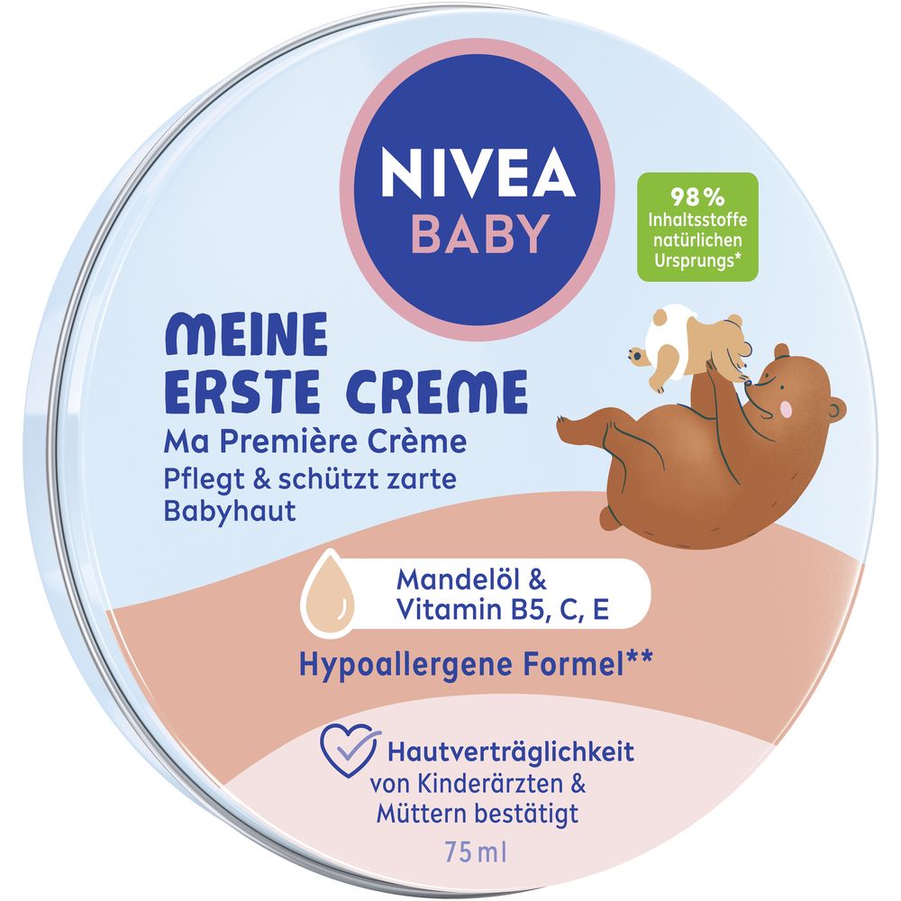 Crème NIVEA BABY Ma Première Crème pot avec motif ours et bébé. Contient huile d'amande et vitamines B5, C, E. Formule hypoallergénique.