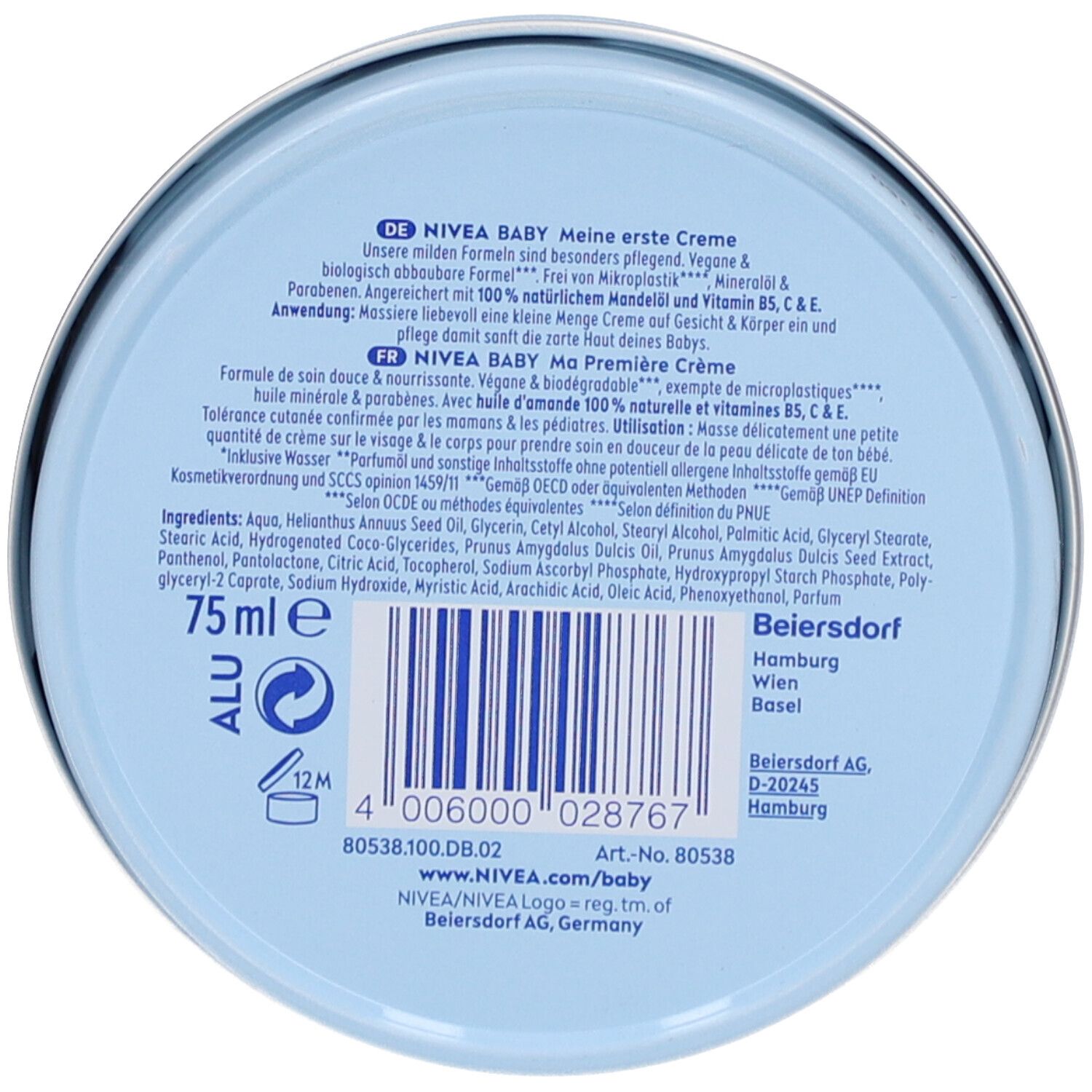 Fond de pot bleu clair. Inscription : NIVEA BABY Meine erste Creme. Ingrédients, informations fabricant, code-barres.