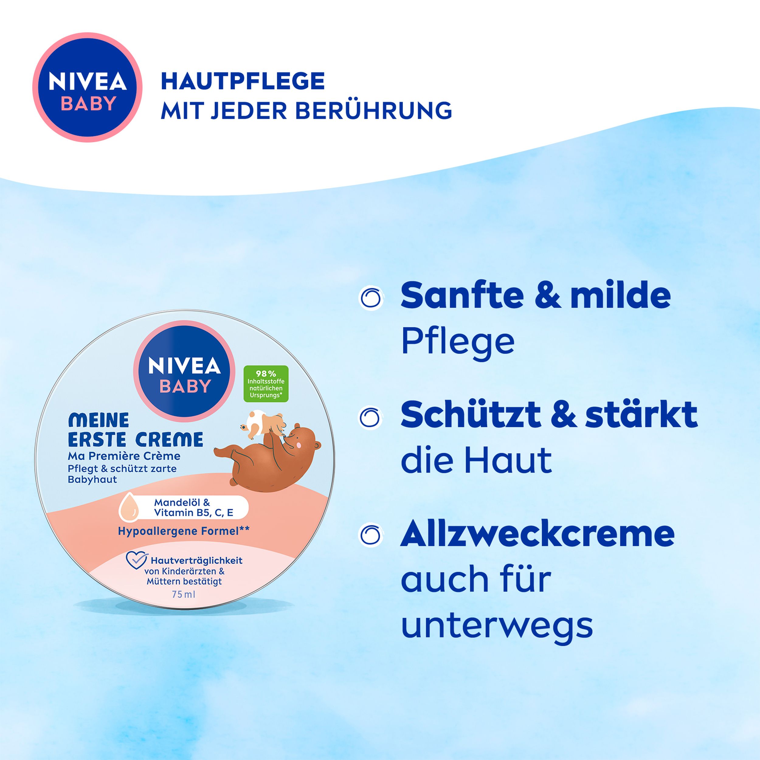 Pot NIVEA BABY Ma Première Crème à côté de puces sur soin doux et protection de la peau. Avec motif ours.